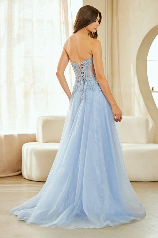 Strapless Long Glitter Prom Dress with Sheer Corset Periwinkle / 0