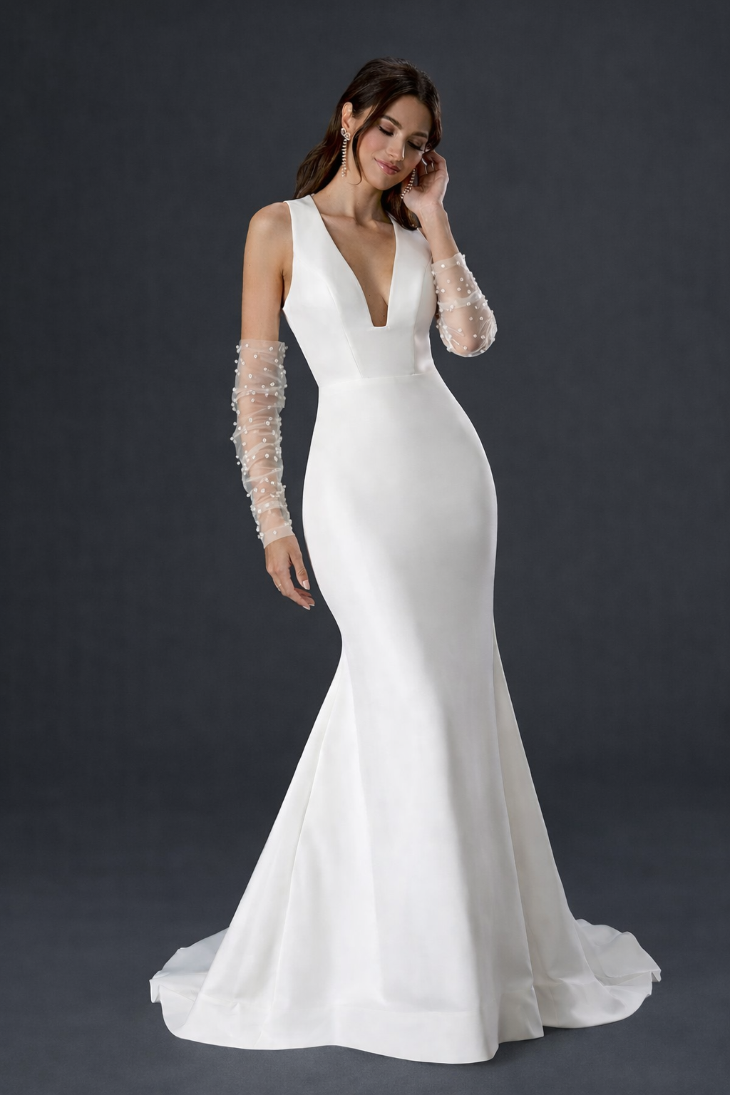 white dress with pearl sleeves Eva Bridal Ivory / 14 light blue wedding guest placed pearls SCH007312_IG_XXL Color:Venetian Navy