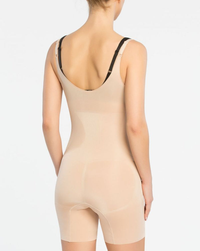 price shop Spanx OnCore Open-Bust Mid-Thigh Bodysuit in Soft Nude