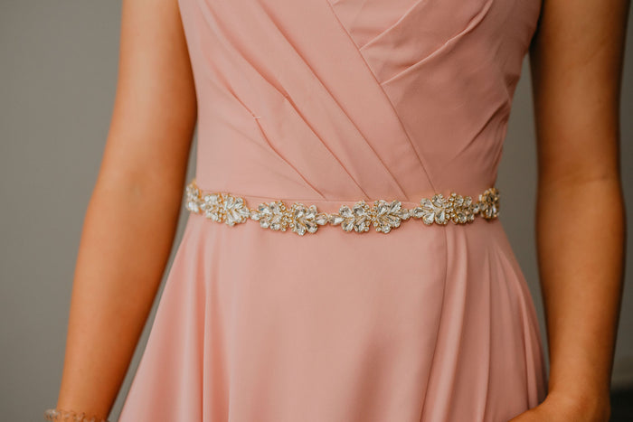 pink dress with gold belt NicoBlu Aurelia Long Tunic Dress in Blush Pink and Gold Palm Embroidery 12